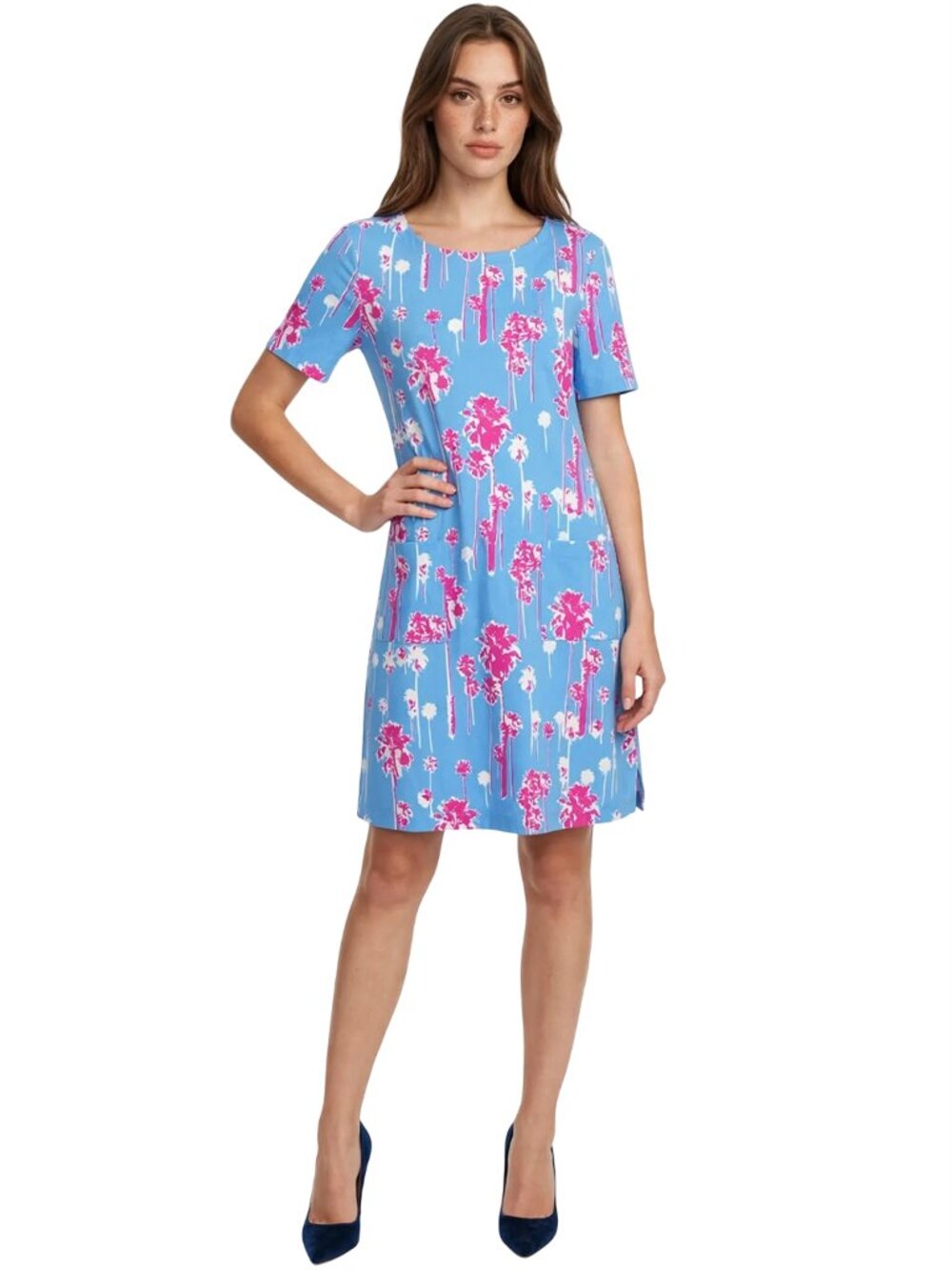 Persifor Shift Dress Jersey Knit Magenta Sky Blue Palm Tree Print Made USA NWOT